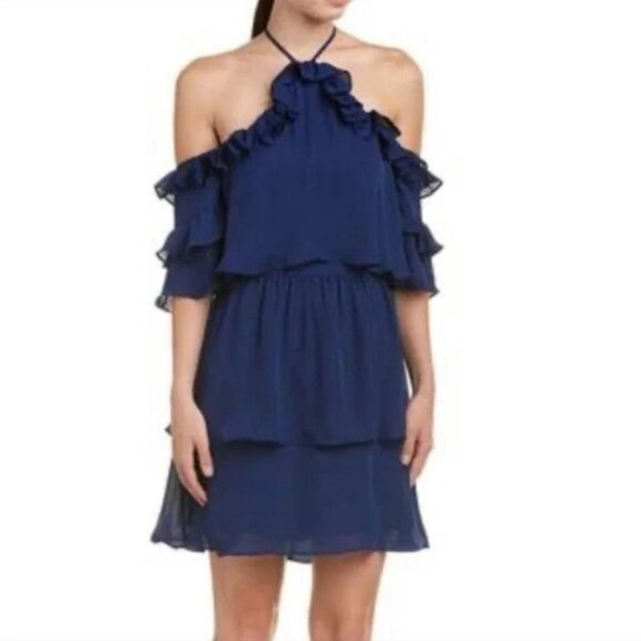 Parker Navy Ruffle Cold Shoulder Tiered Cocktail Dress - Picture 2 of 13
